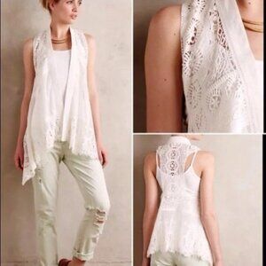 Anthropologie Meadow Rue Ivory Lace T Back Open Front Cotton Vest - Size XS/S